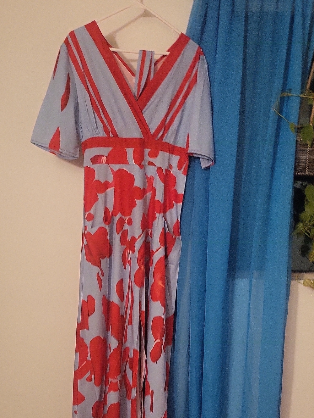 Elegant Blue Maxi Dress with Red Floral Print